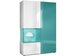 4058905047107 - Standvitrine Highboard Hochschrank Glas Morena Weiß - Hochglanz & Naturtöne - Tür und Einsatz in Petrol Hochglanz ohne led Beleuchtung - Tür und