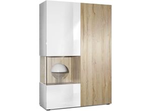 4058905047121 - Standvitrine Highboard Hochschrank Glas Morena Weiß - Hochglanz & Naturtöne - Tür und Einsatz in Eiche Natur ohne led Beleuchtung - Tür und Einsatz