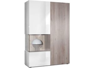 4058905047138 - Standvitrine Highboard Hochschrank Glas Morena Weiß - Hochglanz & Naturtöne - Tür und Einsatz in Eiche Nordic ohne led Beleuchtung - Tür und Einsatz