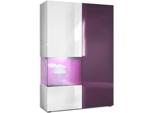 4058905047183 - Standvitrine Highboard Hochschrank Glas Morena Weiß - Hochglanz & Naturtöne - Tür und Einsatz in Brombeer Hochglanz mit led Beleuchtung - Tür und