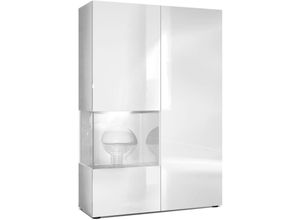 4058905047213 - Standvitrine Highboard Hochschrank Glas Morena Weiß - Hochglanz & Naturtöne - Tür und Einsatz in Weiß matt mit led Beleuchtung - Tür und Einsatz in