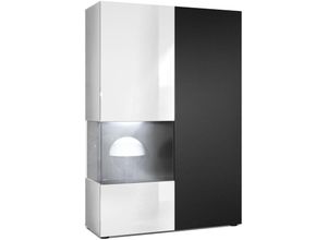 4058905047220 - Standvitrine Highboard Hochschrank Glas Morena Weiß - Hochglanz & Naturtöne - Tür und Einsatz in Schwarz matt mit led Beleuchtung - Tür und Einsatz