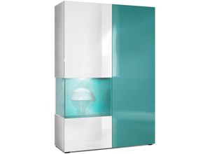 4058905047244 - Standvitrine Highboard Hochschrank Glas Morena Weiß - Hochglanz & Naturtöne - Tür und Einsatz in Petrol Hochglanz mit led Beleuchtung - Tür und