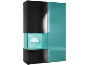 4058905047527 - Standvitrine Highboard Hochschrank Glas Morena Schwarz - Hochglanz & Naturtöne - Tür und Einsatz in Petrol Hochglanz ohne led Beleuchtung - Tür und