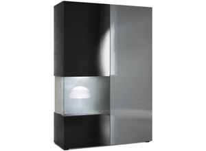 4058905047619 - Standvitrine Highboard Hochschrank Glas Morena Schwarz - Hochglanz & Naturtöne - Tür und Einsatz in Grau Hochglanz mit led Beleuchtung - Tür und