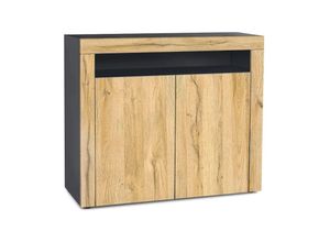 4058905070044 - Kommode Sideboard Anrichte Schrank Valencia in Schwarz - Hochglanz und Naturtöne - Eiche Natur   Eiche Natur - Eiche Natur   Eiche Natur - Vladon