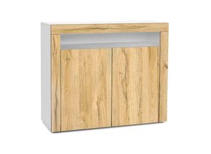 4058905070105 - Kommode Sideboard Anrichte Schrank Valencia in Weiß - Hochglanz und Naturtöne - Eiche Natur   Eiche Natur - Eiche Natur   Eiche Natur - Vladon