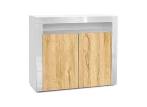 4058905070136 - Kommode Sideboard Anrichte Schrank Valencia in Weiß - Hochglanz und Naturtöne - Eiche Natur  Weiß Hochglanz - Eiche Natur  Weiß Hochglanz - Vladon