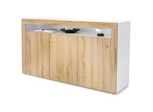 4058905070280 - Sideboard Anrichte Kommode Schrank Valencia in Weiß - Hochglanz & Naturtöne - Eiche Natur  Eiche Natur - Eiche Natur  Eiche Natur - Vladon