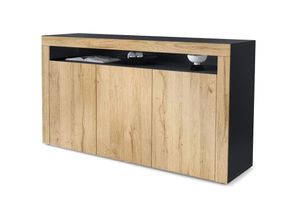 4058905070297 - Sideboard Anrichte Kommode Schrank Valencia in Schwarz - Hochglanz & Naturtöne - Eiche Natur  Eiche Natur - Eiche Natur  Eiche Natur