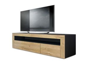 4058905070341 - Tv Lowboard Board Schrank Tisch Möbel Valencia Schwarz - Hochglanz & Naturtöne - Eiche Natur  Eiche Natur - Eiche Natur  Eiche Natur - Vladon