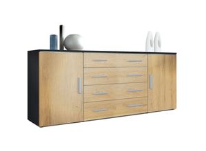 4058905073212 - Sideboard Kommode Highboard Anrichte Faro V2 Schwarz matt - Hochglanz - Front in Eiche Natur - Front in Eiche Natur - Vladon