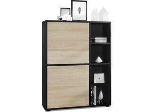 4058905077586 - Highboard Sideboard Kommode Schrank Regal Cuba Schwarz Hochglanz & Naturtöne - Türen in Eiche sägerau ohne led Beleuchtung - Türen in Eiche sägerau