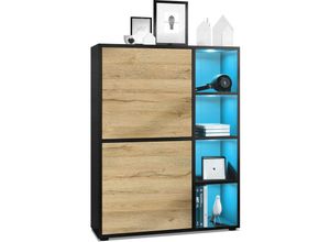 4058905077906 - Highboard Sideboard Kommode Schrank Regal Cuba Schwarz Hochglanz & Naturtöne - Türen in Eiche Natur mit led Beleuchtung - Türen in Eiche Natur mit