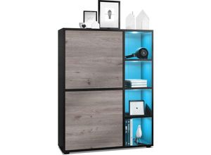 4058905077913 - Highboard Sideboard Kommode Schrank Regal Cuba Schwarz Hochglanz & Naturtöne - Türen in Eiche Nordic mit led Beleuchtung - Türen in Eiche Nordic mit