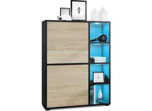 4058905077920 - Highboard Sideboard Kommode Schrank Regal Cuba Schwarz Hochglanz & Naturtöne - Türen in Eiche sägerau mit LED Beleuchtung - Türen in Eiche