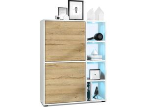 4058905078071 - Highboard Sideboard Kommode Schrank Regal Cuba Weiß Hochglanz & Naturtöne - Türen in Eiche Natur mit led Beleuchtung - Türen in Eiche Natur mit led