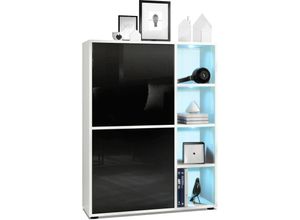 4058905078132 - Highboard Sideboard Kommode Schrank Regal Cuba Weiß Hochglanz & Naturtöne - Türen in Schwarz Hochglanz mit LED Beleuchtung - Türen in Schwarz