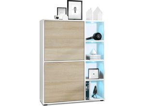 4058905078187 - Highboard Sideboard Kommode Schrank Regal Cuba Weiß Hochglanz & Naturtöne - Türen in Eiche sägerau mit led Beleuchtung - Türen in Eiche sägerau mit