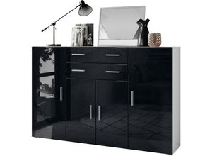 4058905240331 - Highboard Sideboard Kommode Anrichte Aron in Weiß matt - Hochglanz & Naturdekor - Fronten in Schwarz Hochglanz - Fronten in Schwarz Hochglanz - Vladon