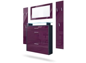 4058905245756 - Garderobenset Garderobe Paneele Schuhschrank Spiegel Malea Anthrazit - Fronten in Brombeer Hochglanz mit blauer led Beleuchtung - Fronten in Brombeer