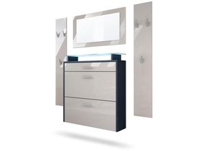 4058905246036 - Garderobenset Garderobe Paneele Schuhschrank Spiegel Malea Anthrazit - Fronten in Sandgrau Hochglanz mit blauer led Beleuchtung - Fronten in Sandgrau