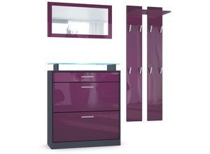 4058905247644 - Garderobenset Garderobe Paneele Schuhschrank Spiegel Loret Mini Anthrazit matt - Front in Brombeer Hochglanz mit blauer led Beleuchtung - Front in