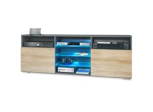 4058905258510 - Tv Lowboard Board Schrank Tisch Möbel Granada Anthrazit matt Hochglanz Naturtöne - Front in Eiche sägerau mit led Beleuchtung - Front in Eiche