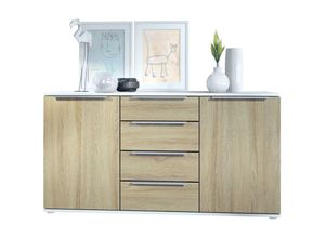 4058905260063 - Sideboard Kommode Schrank Linio Anrichte mit 2 Türen & Schubladen Weiß matt - Front in Eiche sägerau - Front in Eiche sägerau - Vladon