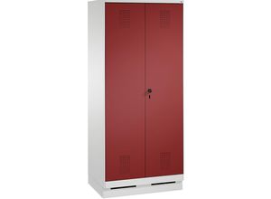 4059096752382 - EVOLO Raumpflege- Geräteschrank verkürzte Trennwand 6 Haken Abteile 2 x 400 mm mit Sockel lichtgrau   rubinrot