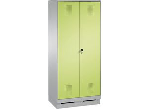 4059096752474 - EVOLO Raumpflege- Geräteschrank verkürzte Trennwand 6 Haken Abteile 2 x 400 mm mit Sockel weißaluminium   viridingrün