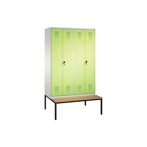 4059096768437 - EVOLO Garderobenschrank zueinander schlagende Türen mit Sitzbank 4 Abteile Abteilbreite 300 mm lichtgrau   viridingrün