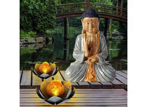 4059157115330 - Etc-shop - 3er Set Dekoration 2x led Solar Lampe Lotos Blume Crackle Glas Garten Außen 1x Buddha Figur Feng Shui