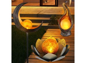 4059157115958 - 3er Set LED Solar Lampen Mond Steck Leuchte Crackle Glas Außen Flammen Leuchte Garten Lotosblume