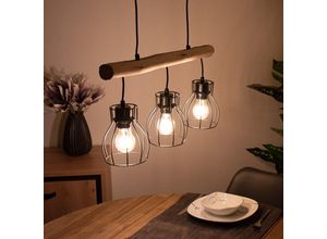 4059157137196 - Etc-shop - Holz Design Hängeleuchte mit Gitter Lampenschirmen Pendelleuchte mit Holzbalken 3 flammig Metall schwarz Holz natur 5x E27 max 40 Watt