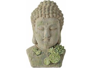 4059157156739 - Etc-shop - Buddha Kopf Deko Figur Büste mit Lotusblumen Kunstharz grau grün h 35 cm