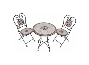 4059157157439 - Mosaik Gartentisch Set 3 teilig Balkonmöbel Mosaiktisch mit 2 Stühlen Schmiedeeisen Keramik DxH Tisch 40x90 LxBxH Stuhl 40 x 49 x 90