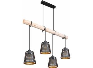 4059157178694 - Pendelleuchte Holzbalken Hängelampe Retro Esszimmerlampe hängend mit vier Metallschirmen schwarz gold 4x E27 LxBxH 85x17x120 cm Wohnzimmer