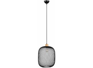 4059157185081 - Etc-shop - Hängeleuchte schwarz Metall Vintage Pendelleuchte Käfig Lampe Wohnzimmer Deckenleuchte Holz-Dekor 1x E27 DxH 33x150 cm