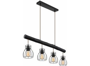 4059157187603 - Etc-shop - Pendelleuchte Holz Balken Hängelampe Retro Holz Wohnzimmerlampe mit vier Metallgitterschirme schwarz matt 5x E27 l x x h 825x136x140