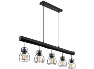 4059157187627 - Pendelleuchte Holzstab Hängelampe Vintage Holz Esstischlampe Pendellampe mit fünf Käfigschirmen Metall schwarz matt 5x E27 LxBxH 104x136x140 cm