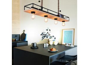 4059157190443 - Etc-shop - Hängelampe Holzleuchte Deckenleuchte Wohnzimmer Pendelleuchte mit Hanfseil Metallrahmen mit Ablage schwarz 4x E27 LxH 95x120 cm