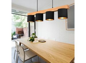 4059157205055 - Pendelleuchte Hängelampe Holzleuchte Pendellampe Hängeleuchte Esszimmerlampe Esszimmer höhenverstellbar 4 flammig Naturholz Stoff schwarz gold 4x