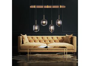 4059157247277 - Etc-shop - Hängelampe Holzlampe 4 flammig Wohnzimmer Glasschirm rauchfarben Pendelleuchte Hängeleuchte Höhenverstellbar Metall Glas schwarz natur