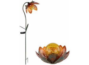 4059157313699 - Etc-shop - Gartendeko Solarleuchte Lotusblüte Erdspieß Blumen Außenleuchte led Gartenlampe grün gold Crackle Glaskugel amber 2er Set