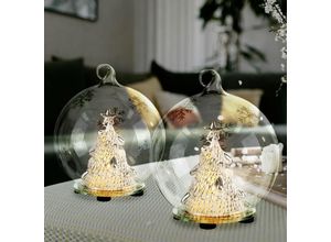 4059157349605 - Tischleuchte Weihnachtsdeko led Dekoleuchte Glaskugel Christbaumkugel mit Tannenbaum und Schneeflocken 2er Set