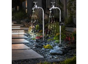 4059157354470 - Solar Wasserhahn Deko Garten Wasserhahn mit Licht Außen Solar Gartenstecker für Außen Metall silber 60x LED warmweiß LxBxH 13x45x53 cm