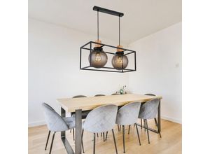 4059157358935 - Pendelleuchte Industriell Hängeleuchte Esszimmer Rauchglas Pendellampe 2 flammig Metall schwarz Holz natur 2x E27 Fassungen LxBxH 60x23x120cm