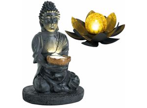 4059157364677 - Etc-shop - Solarleuchte Buddha Feng Shui Außen Solarblume Aussen Lotusblume Solar Crackle Glas grau led Leuchtmittel 1x Lotus 1x Buddha 2er Set