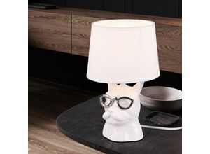 4059157372979 - Tischlampe Keramik Nachttischlampe für Schlafzimmer Esszimmerlampe Tischleuchte Modern Hund mit Brille chrom weiß Textil 1x E14 Fassung DxH 18x29